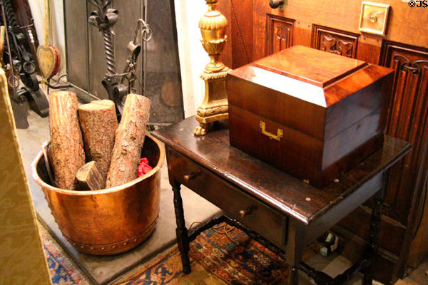Drawing room side table with wooden box at Falkland Palace. Falkland, Scotland.