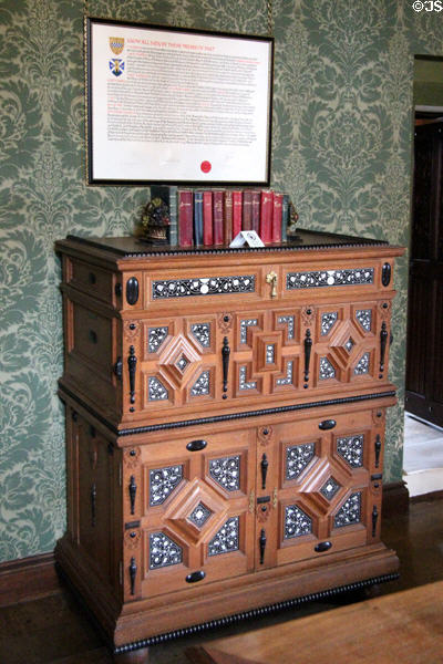 Carved & inlaid chest at Falkland Palace. Falkland, Scotland.
