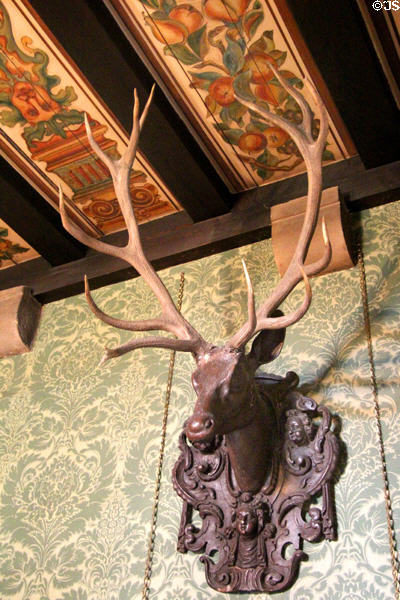 Reception room trophy under painted ceiling at Falkland Palace. Falkland, Scotland.