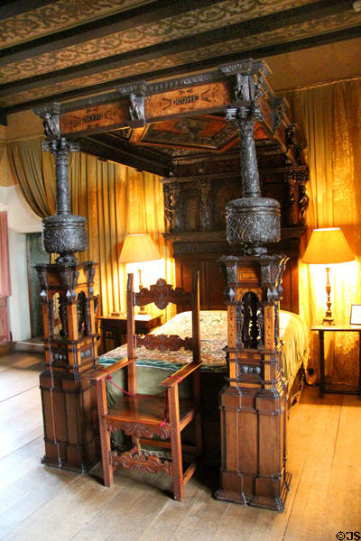 Ornate bed (1618) in Keeper's bedroom at Falkland Palace. Falkland, Scotland.