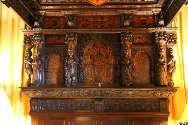 Carved headboard of bed (1618) in Keeper's bedroom at Falkland Palace. Falkland, Scotland.