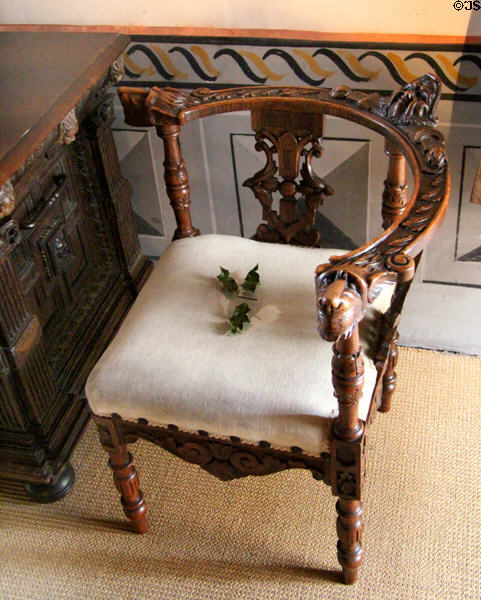 Corner armchair in King's bedchamber at Falkland Palace. Falkland, Scotland.