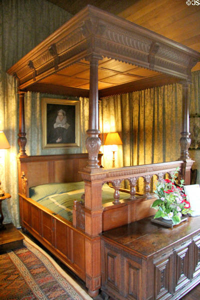 Copy (1889) of royal bed with small doors in side to allow access in Queen's bedchamber at Falkland Palace. Falkland, Scotland.