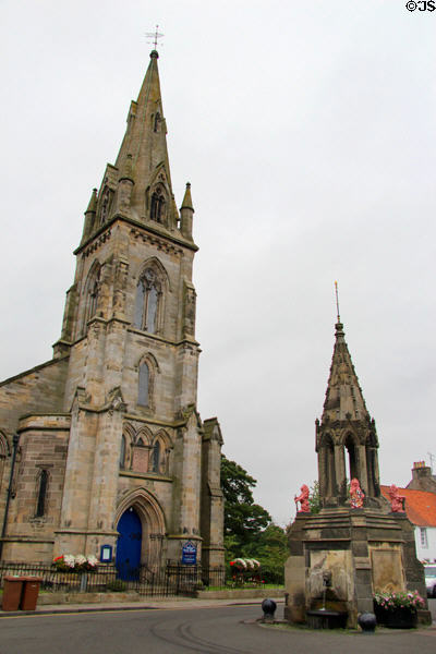 Falkland Parish Church (1849) (High St.) & Bruce Fountain. Falkland, Scotland. Architect: David Bryce.