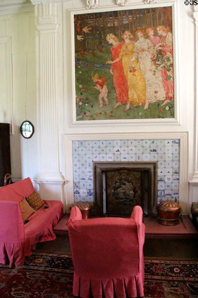 Procession of Girls painting (1897) by Phoebe Anna Traquair over fireplace surrounded by Delft tiles in drawing room at Kellie Castle. Pittenweem, Scotland.