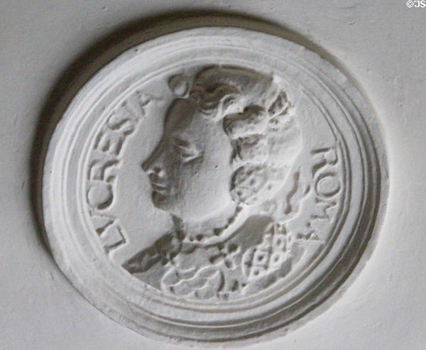 Sculpted plaster rondel of Lucresia of Roma at Kellie Castle. Pittenweem, Scotland.