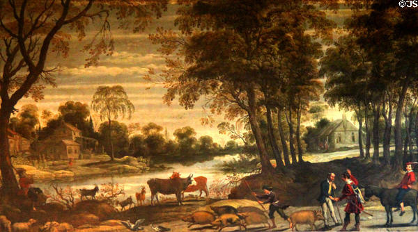 River Landscape with Peasants & Cattle painting by David Teniers I at Hill of Tarvit Mansion. Cupar, Scotland.
