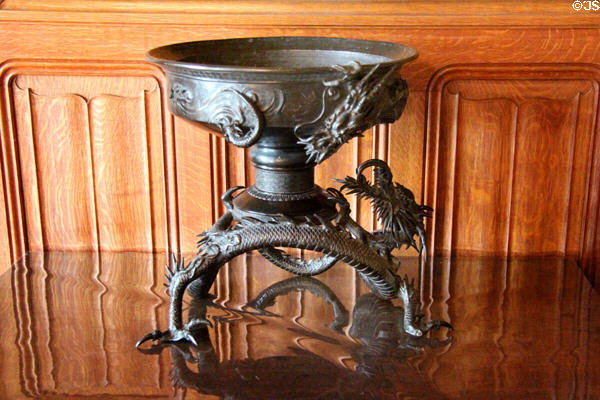 Chinese metal bowl on dragon stand at Hill of Tarvit Mansion. Cupar, Scotland.