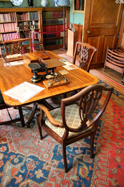 Library with mailing scale on table at Hill of Tarvit Mansion. Cupar, Scotland.