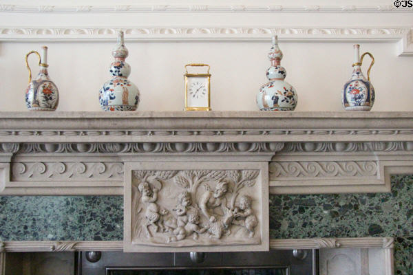 Mantle of dining room fireplace (1906) carved with scene of Bacchus at Hill of Tarvit Mansion. Cupar, Scotland.