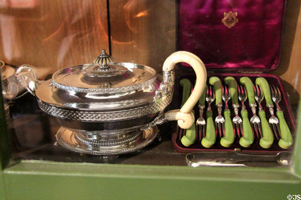 Silver teapot & forks at Hill of Tarvit Mansion. Cupar, Scotland.