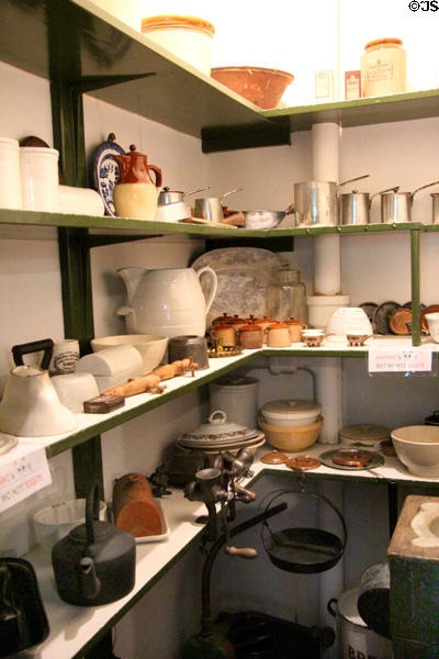 Kitchen shelves with cookware at Hill of Tarvit Mansion. Cupar, Scotland.