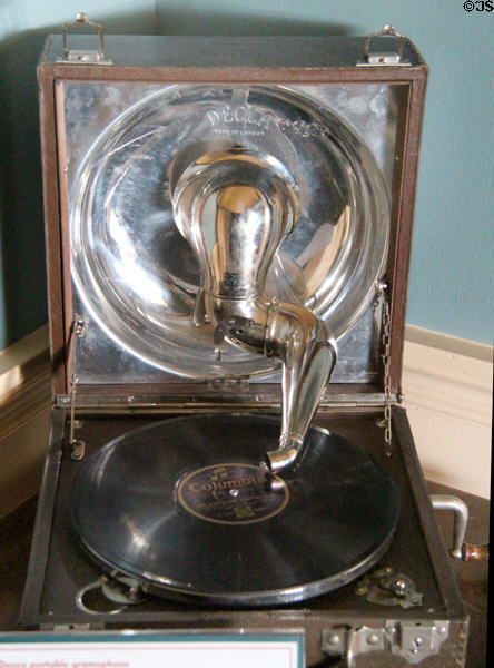 Decca Dulcephone portable gramophone designed for rugged use in trenches of WWI at Hill of Tarvit Mansion. Cupar, Scotland.