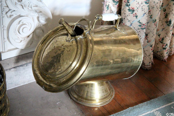 Coal scuttle in Beatrice Sharp's bedroom at Hill of Tarvit Mansion. Cupar, Scotland.