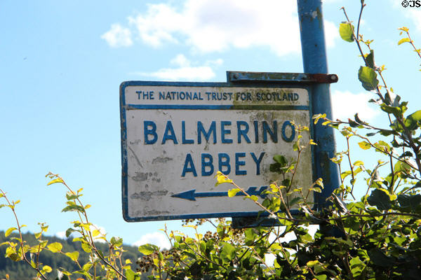 Sign to Balmerino Abbey run by National Trust for Scotland (NTS). Balmerino, Scotland.
