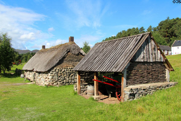 Highland cottage & cart barn at Highland Folk Museum. Newtonmore, Scotland.