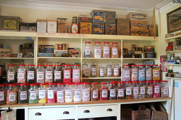 Food containers in Kirk's Stores at Highland Folk Museum. Newtonmore, Scotland.