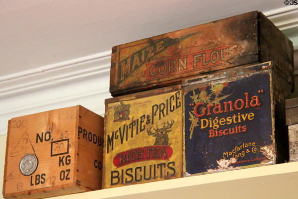 Antique food boxes in Kirk's Stores at Highland Folk Museum. Newtonmore, Scotland.