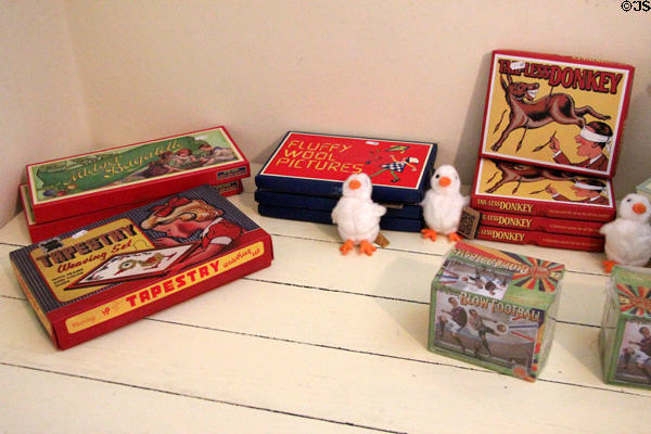 Antique toy boxes in Kirk's Stores at Highland Folk Museum. Newtonmore, Scotland.