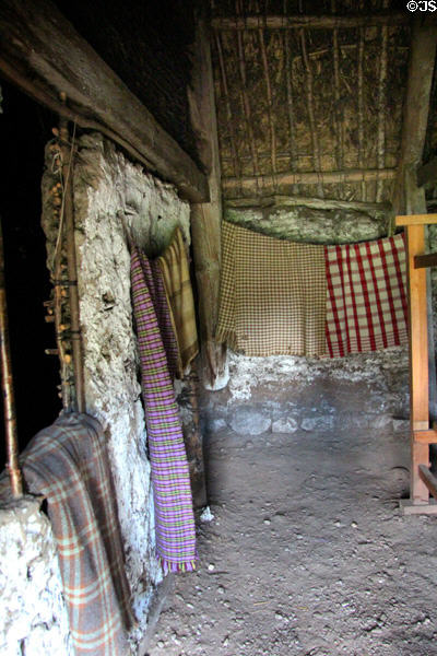 Woven cloth in Weaver's House in Scottish Township at Highland Folk Museum. Newtonmore, Scotland.