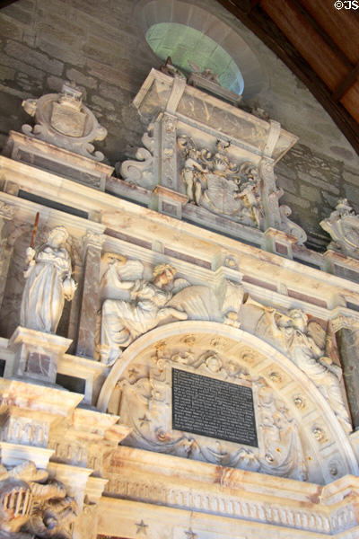 Upper levels of Baroque monument to 1st Lord Stormont in Chapel at Scone Palace. Perth, Scotland.