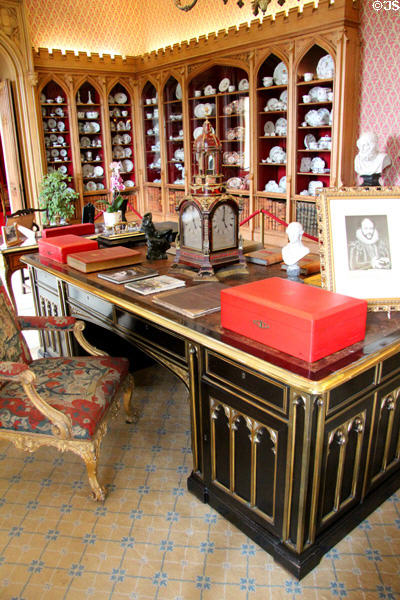 Partners desk with clock & ministerial red dispatch boxes in library at Scone Palace. Perth, Scotland.