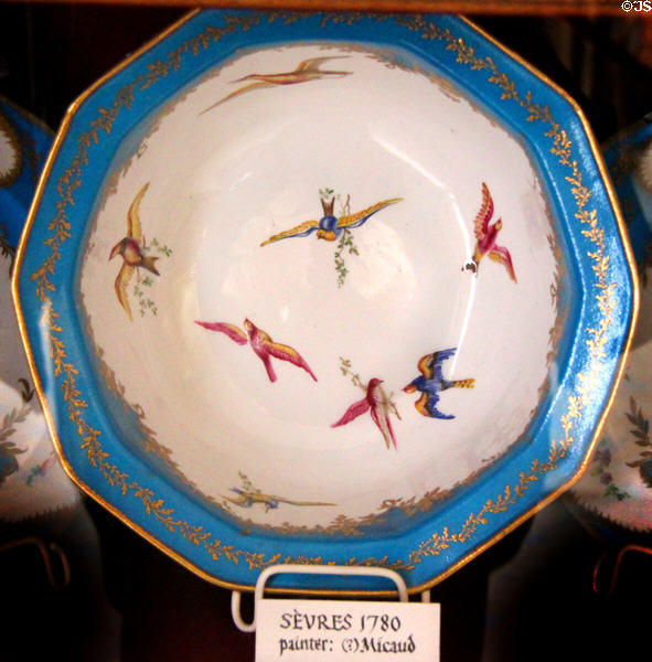Sevres porcelain (1780) painted with birds by Micaud at Scone Palace. Perth, Scotland.