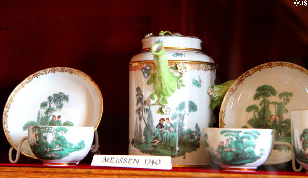 Meissen tea service (1740) with romantic country scenes at Scone Palace. Perth, Scotland.