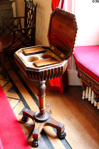 Antique sewing stand in long gallery at Scone Palace. Perth, Scotland.