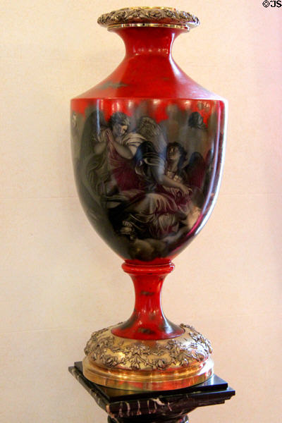 Vernis Martin pâpier maché urn in red & black at Scone Palace. Perth, Scotland.