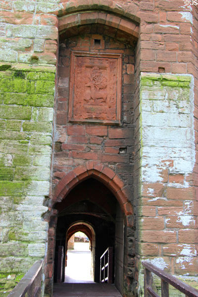 Portal with carved coat of arms at Caerlaverock Castle. Caerlaverock, Scotland.