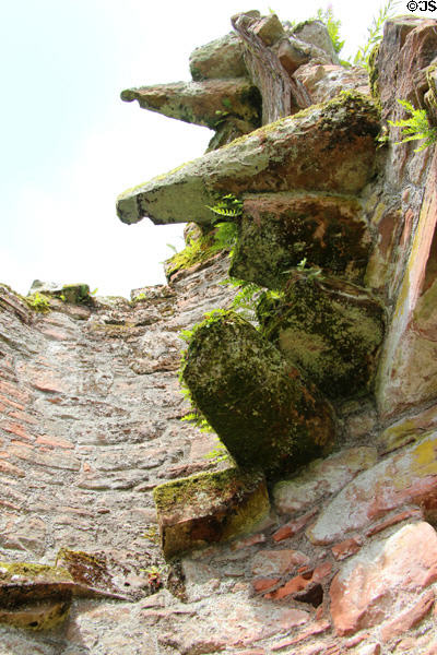 Remains of cantilevered spiral staircase at Caerlaverock Castle. Caerlaverock, Scotland.