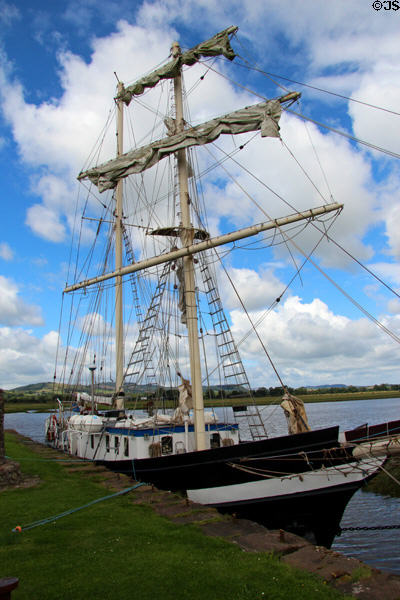 La Malouine two-masted sailing ship on River Nith. Caerlaverock, Scotland.