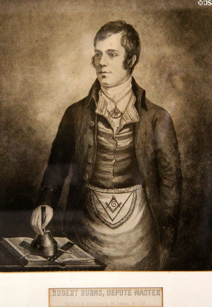 Portrait of Robert Burns wearing Masonic apron at Robert Burns House. Dumfries, Scotland.
