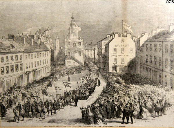 Print (1859) of Burns Centenary Festival Procession on Dumfries High St. at Robert Burns House. Dumfries, Scotland.