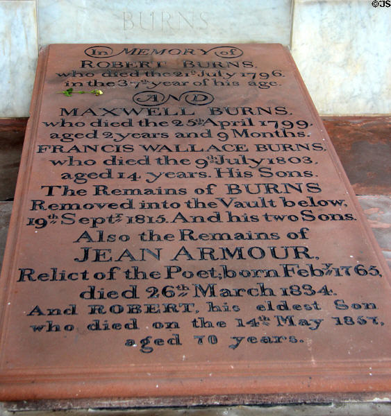 Tombstone in Robert Burns' mausoleum at St Michael's Church. Dumfries, Scotland.