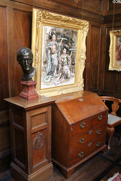 Gallery of E.A. Hornel painting of two Japanese Girls with Fans (c1923) over drop front desk beside bust at Broughton House. Kirkcudbright, Scotland.