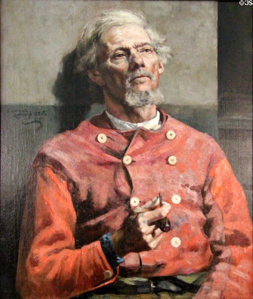 Portrait of man in red tunic (Peter Rink) (1885) by Edward Atkinson Hornel of Glasgow Boys at Broughton House. Kirkcudbright, Scotland.