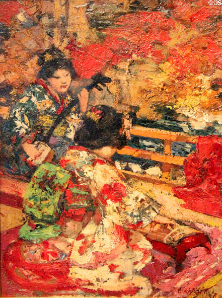 Japanese Musician painting (1896) by Edward Atkinson Hornel of Glasgow Boys at Broughton House. Kirkcudbright, Scotland.