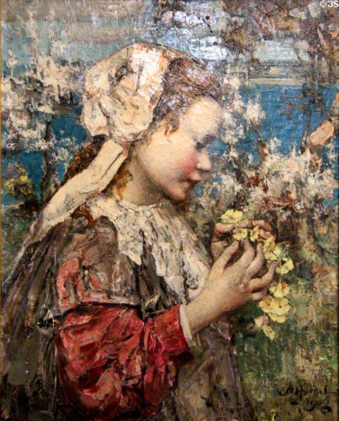 Young Girl with Primroses painting (1906) by Edward Atkinson Hornel of Glasgow Boys at Broughton House. Kirkcudbright, Scotland.