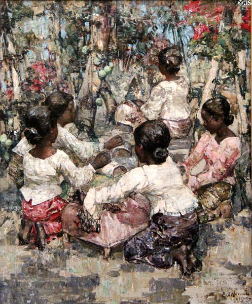 Lace Makers, Ceylon painting (1908) by Edward Atkinson Hornel of Glasgow Boys at Broughton House. Kirkcudbright, Scotland.