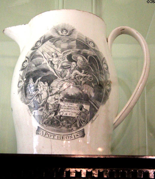 Creamware pitcher showing Apotheosis of George Washington (c1800-5) at Broughton House. Kirkcudbright, Scotland.