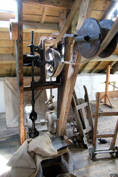 Leather drive belts & gears to drive New Abbey Corn Mill. New Abbey, Scotland.