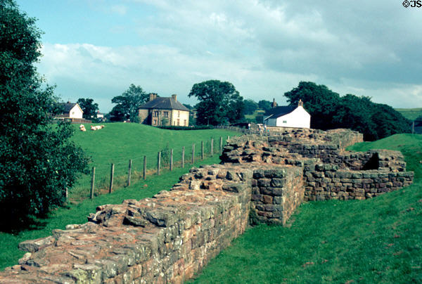 Hadrian's Wall ruins of small square Roman fort which were inserted about every Roman mile along wall's 117.5 km length. Scotland.