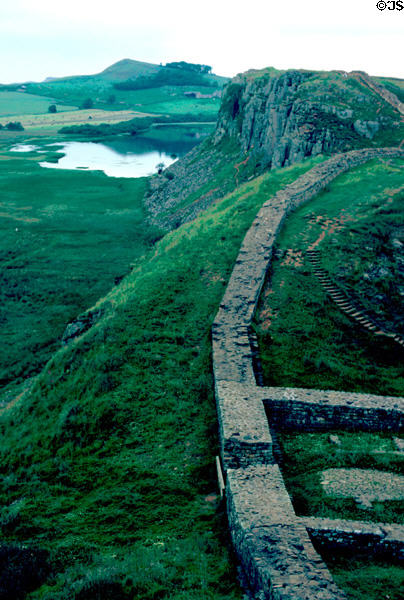 Hadrian's Wall with small fort follow highest defensive path across England. Scotland.