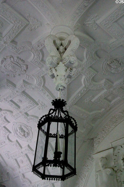 Sculpted plaster ceiling (early 1600s) by Italian-trained artists in The Hall at Craigievar Castle. Alford, Scotland.