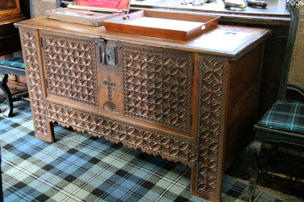Patterned chest in The Hall at Craigievar Castle. Alford, Scotland.