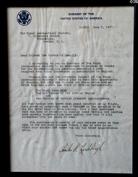 Letter (1927) from Charles Lindbergh to Royal Aeronautical Society at Craigievar Castle. Alford, Scotland.