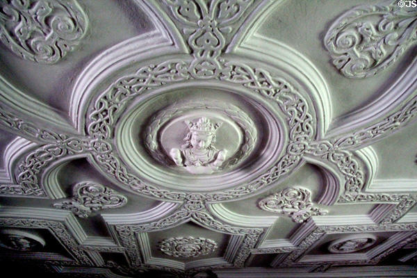 Ladies withdrawing room plaster ceiling (early 1600s) at Craigievar Castle. Alford, Scotland.