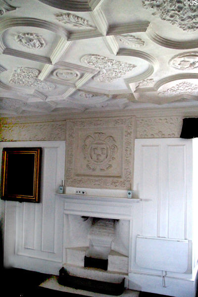 Tartan bedroom sculpted plaster ceiling & fireplace mantle with Forbes crest at Craigievar Castle. Alford, Scotland.